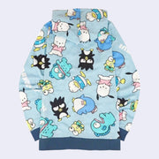 Blue hooded zip up jacket featuring an all over repeating pattern of Sanrio Characters Tuxedosam, Badtz-Maru, Hangyodon, Pochacco, Keroppi, and Pekkle. "Hapidanbui" is written in white font throughout the pattern.