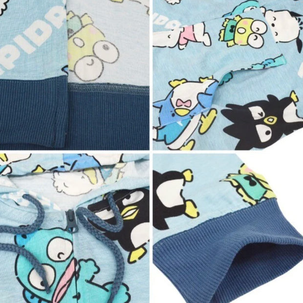 Blue hooded zip up jacket featuring an all over repeating pattern of Sanrio Characters Tuxedosam, Badtz-Maru, Hangyodon, Pochacco, Keroppi, and Pekkle. "Hapidanbui" is written in white font throughout the pattern. Close up details.