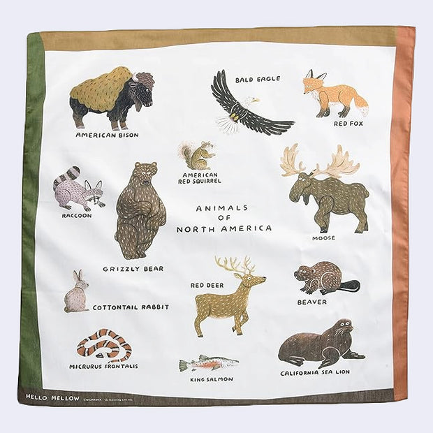 White bandana with illustrations of various animals native to North America, with their name written below. Some animals are: bison, bald eagle, moose, grizzly bear, rabbit, etc.