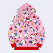 Pink hooded zip up jacket with a repeating all over pattern of Hello Kitty, standing and sitting with flowers and apples. "Hello Kitty" is written in white font throughout the pattern.