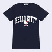 Navy blue jersey t-shirt featuring large text that reads "Hello Kitty" in white capital font, accompanied by a small graphic of a sitting Hello Kitty.