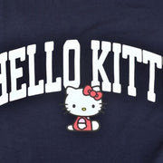 Navy blue jersey t-shirt featuring large text that reads "Hello Kitty" in white capital font, accompanied by a small graphic of a sitting Hello Kitty. Close up.