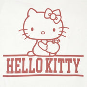 Close up graphic of red line art Hello Kitty sitting and holding an apple. Below her between 2 bold lines reads "Hello Kitty" in red, all caps font.