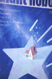 Painting of a mock Giant Robot Magazine cover, featuring a cover illustration of a house flying through the night sky atop of a very large light blue star. Fake text lines the sides.