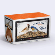 Product packaging for a bird feeder, made of a clear screen that has video watching UI on it, mimicking a Youtube video. Birds eat the feed on a platform behind the screen.