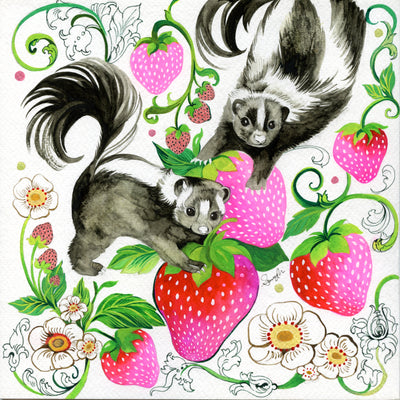 Illustration of a pair of skunks with cute, realistic faces They stand atop of fluorescent pink and red strawberries. More strawberries, green vines and white flowers decorate the background of the artwork.