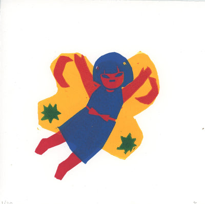 Linocut print in yellow, red, blue and green of a girl in a blue dress with a red ribbon around the waist, flying with large yellow butterfly wings.