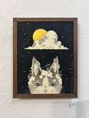 Black ink illustration of a cat portrait, seen only from the nose up. Greenery sprouts atop its head. A single fluffy cloud and a gold moon are overhead.