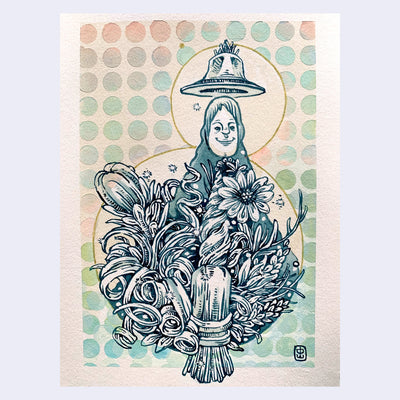 Watercolor sketch of a person with a floating hat sitting among many flowers.