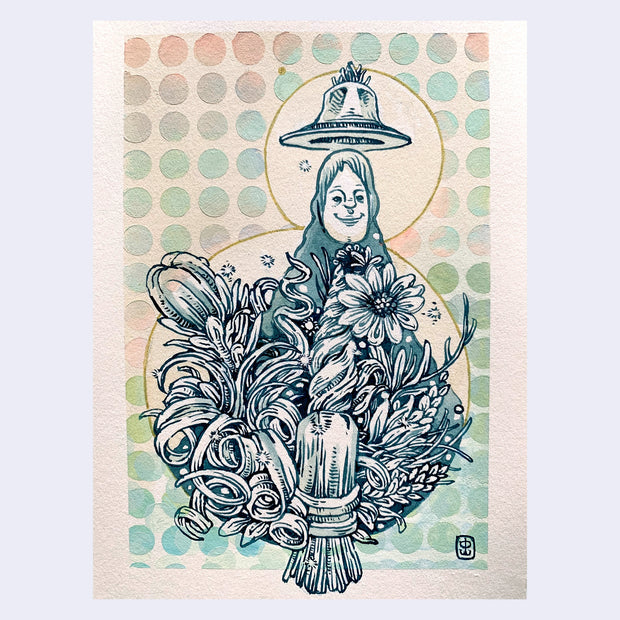 Watercolor sketch of a person with a floating hat sitting among many flowers.