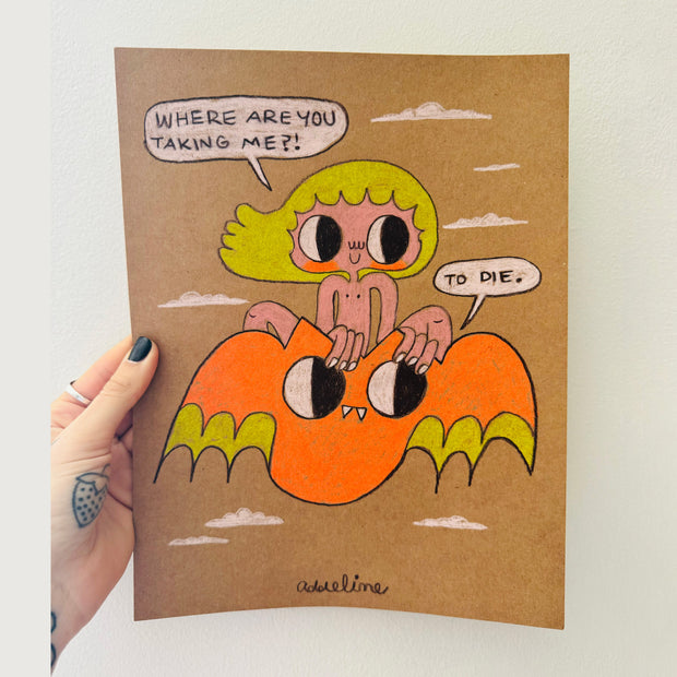 Colored pencil illustration on tan toned paper of a smiling nude cartoon girl sitting atop of an orange cartoon bat as they fly.