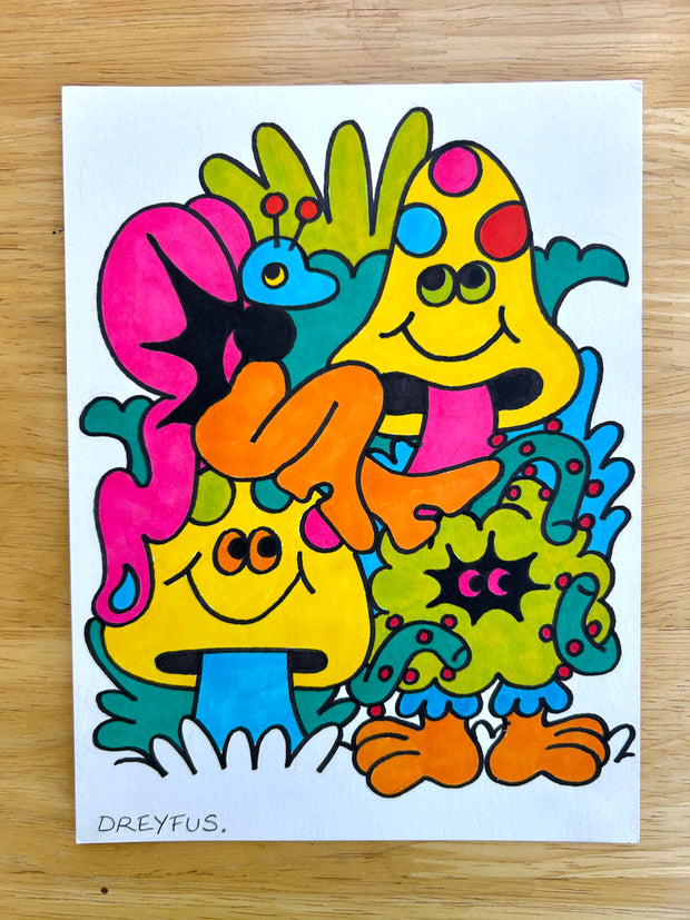 Colorful marker illustration with black line outlines of 2 yellow mushrooms with smiling faces, a butterfly and a small green monster all huddled together.