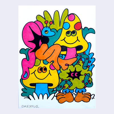 Colorful marker illustration with black line outlines of 2 yellow mushrooms with smiling faces, a butterfly and a small green monster all huddled together.