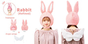 Photo display of the Sonny Angel Rabbit costume, a pink fluffy hood hat of bunny ears with a matching set of white wings. A girl models the hat and wings.