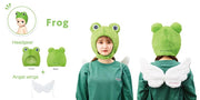 Photo display of the Sonny Angel frog costume, a green fluffy hood hat of a frog's head with a matching set of white wings. A girl models the hat and wings.