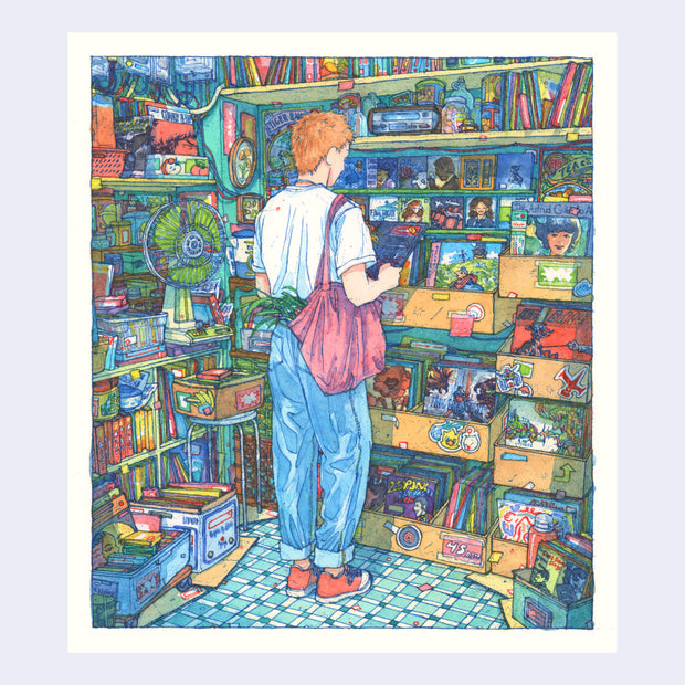 Highly detailed blue ink and watercolor illustration of a person standing in a record shop, going through the shelves of records. They face away from the viewer and hold up a record. The shop has tiled floors, crates and shelves full of vinyls and CDs and wall decor such as posters, stickers, and various small items like a thrift store.