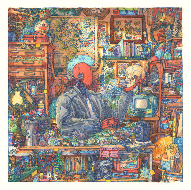 Highly detailed blue ink and watercolor illustration of a red robot wearing a leather jacket, sitting behind a counter in a very packed curiosities shop. Every surface is covered with merchandise, such as electronics, toys, books, maps, stationery, etc. The robot holds up a skull in one hand and the two look at one another.