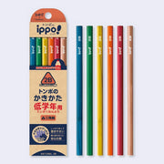 Pack of 12 pencils with a colored wooden body, with graphite interiors aside from a red pencil that has a red lead interior.