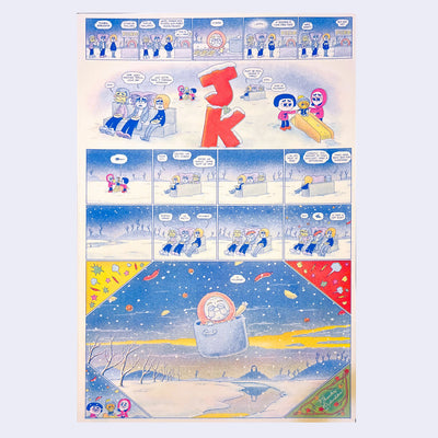 Risograph print of a comic panel featuring several cartoon style characters. The largest panel is the final one, of an old lady riding in a stock pot.