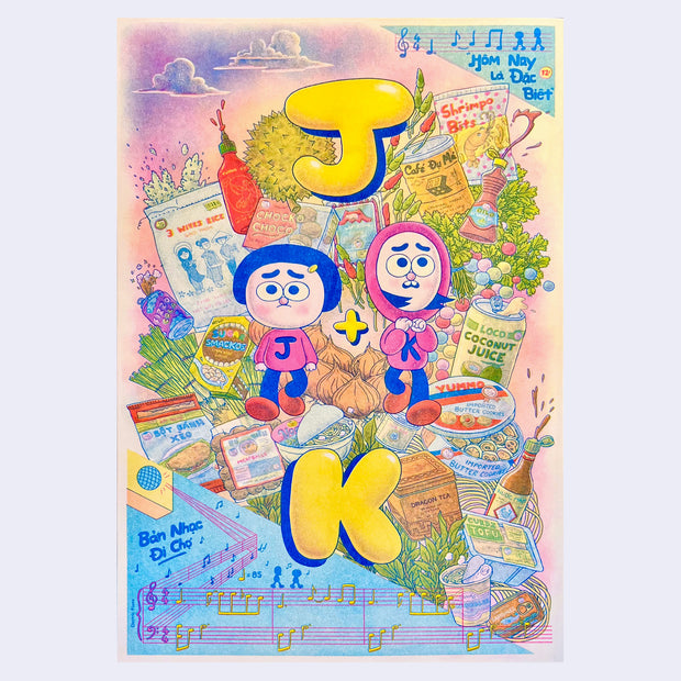 Colorful risograph print of 2 cartoon characters with matching pink hoodies that read "J" and "K". They walk with worried expressions with many different Asian supermarket foods and snacks behind them.