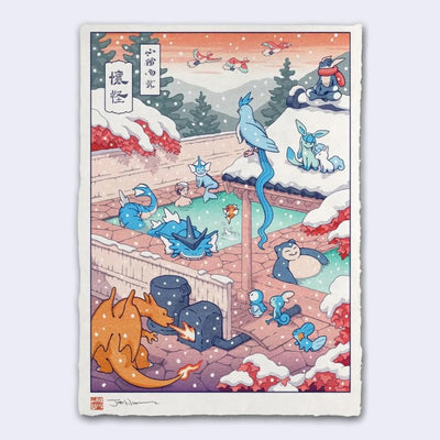 Illustration of a snowy outdoor bath with someone soaking in the hot spring, surrounded by various pokemon. 