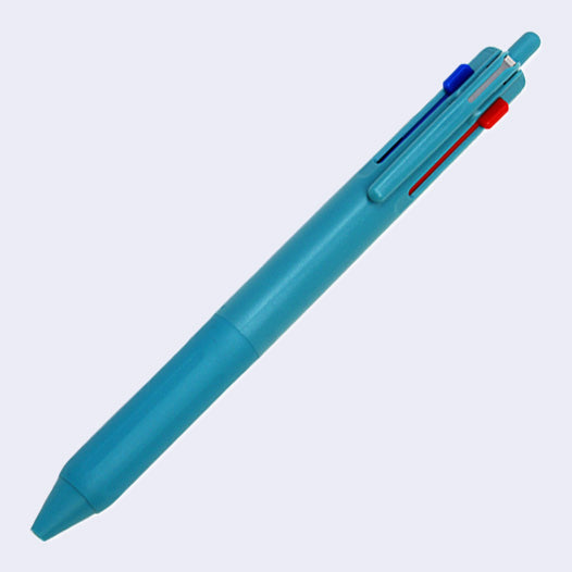 Teal blue ballpoint click pen with 3 ink colors: the main click is black, and 2 side sliding clicks are blue and red.