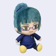 Small plush of Maki from Jujutsu Kaisen sitting with her teal colored hair in a ponytail and thin framed purple glasses.