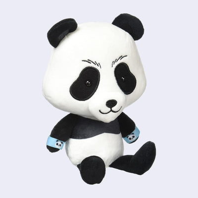 Plush of a sitting panda with a large head and a cute smiling expression. It wears sweatbands around its wrists, blue with a logo of a panda.