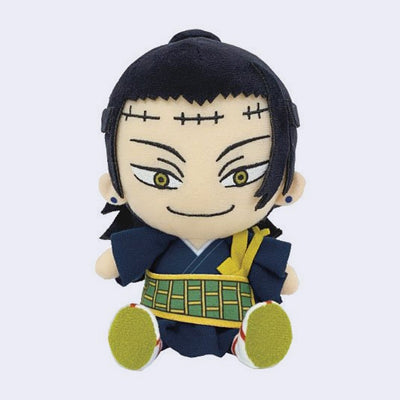 Small plush of Suguru Geto from JJK with a large head and a snarky smile. He has scars on his forehead and wears a nice robe.