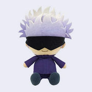 Sitting plush of Gojo from Jujutsu Kaisen with a large head and spiked light purple and white hair. He sits with a smile and a thick blindfold over his eyes.