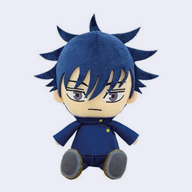 Small plush of Megumi Fushiguro from Jujutsu Kaisen, sitting with characteristically spiky blue hair. 