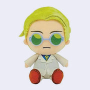 Plush doll of Nanami from Jujutsu Kaisen with blonde hair, green lensed glasses and a tan suit. 