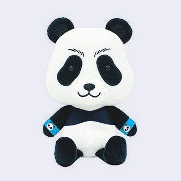 Plush of a sitting panda with a large head and a cute smiling expression. It wears sweatbands around its wrists, blue with a logo of a panda.