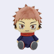 Small plush of Itadori Yuji from Jujutsu Kaisen, sitting on the ground with spiky hair and a slight smile.