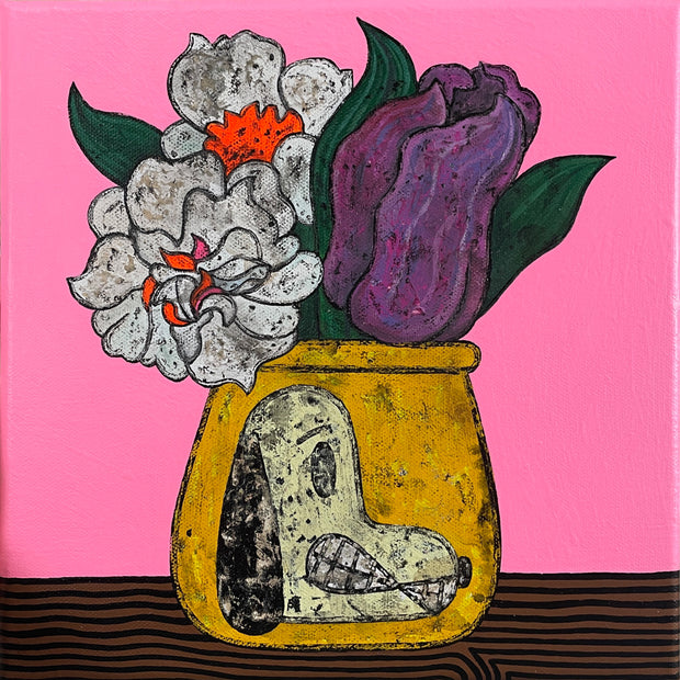 Still life painting done with stylistically messy brushstrokes on a smooth, bright pink background. A yellow face with an illustration of Snoopy holds a bouquet of white and purple flowers with dark green leaves.