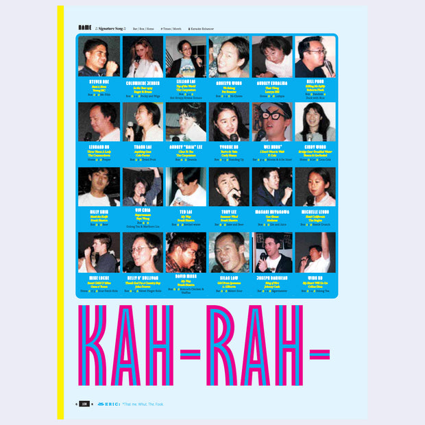 Page excerpt, featuring a grid of photos taken of people singing Karaoke with names and song choices under their picture.