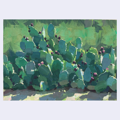 Plein air painting of a row of cacti with red buds.