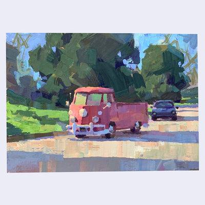 Plein air painting of a red VW pickup truck parked on a street with large trees and a lawn next to it.