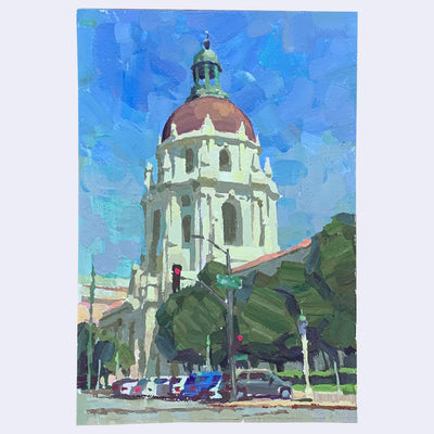 Plein air painting of a city hall building, white and tall with many arches and columns and a red domed roof. Trees line the sidewalk below with many cars parked.