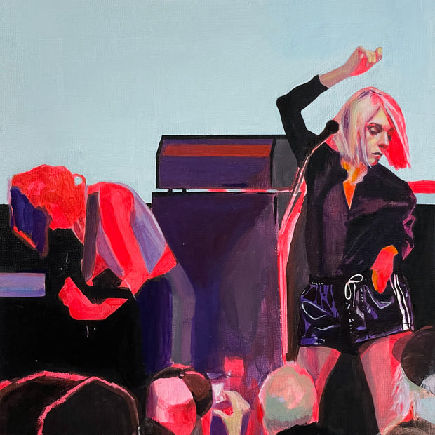 Painting of Kim Gordon performing on stage with her arm up and looking down. Beside her is a guitarist playing downwards toward the crowd. Amps and large speakers are behind them and the background is light blue.