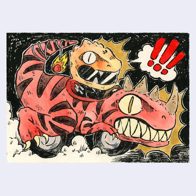 Ink and watercolor illustration of a red dinosaur shaped cart with a ferocious expression. The rider wears a spiked leather jacket and a large dinosaur head shaped helmet.