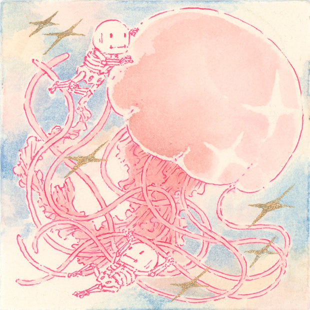 Watercolor painting of a large pink jellyfish, with 2 small skeletons hanging onto it. Gold sparkles decorate the piece.