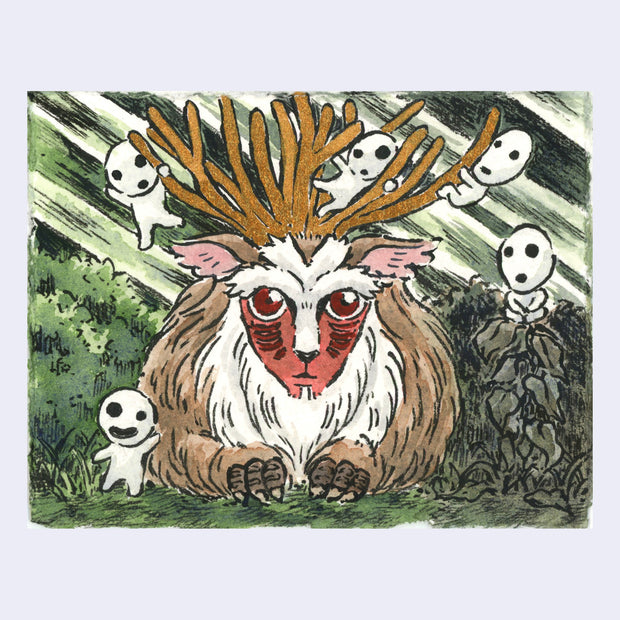 Watercolor illustration of a deer like creature with a red mask face and large red eyes. It has fluffy white fur and brown outer fur. It sits in a forest where light pours down and small white Kodama characters surround.