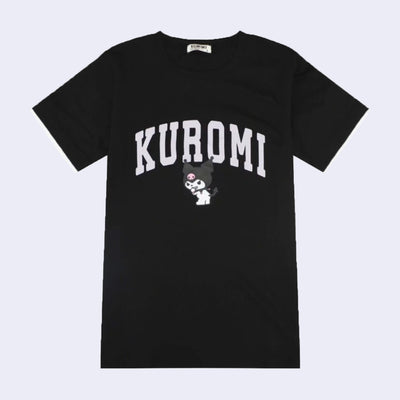 Black jersey t-shirt featuring large text that reads "Kuromi" in white capital font, accompanied by a small graphic of a mischievous looking, giggling Kuromi.