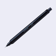 Black bodied mechanical pencil, with a matching color cap over the eraser and a clip for attaching to a pocket or piece of paper.