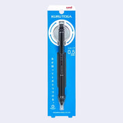 Kuru Toga mechanical pencil encased in its product packaging, with Japanese writing along it describing its functions.