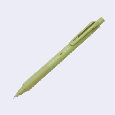 Olive green bodied mechanical pencil, with a matching color cap over the eraser and a clip for attaching to a pocket or piece of paper.