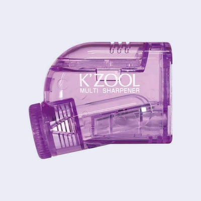 K'Zool pencil sharpener, clear purple with a dial to adjust to 5 different settings of varying sharpness.