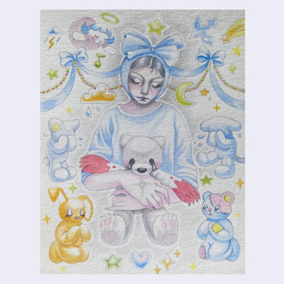 Colored pencil sketch of a girl with a blue bow on her head, holding a bear plush with bloody paws. Around her are small charms and other plushies.