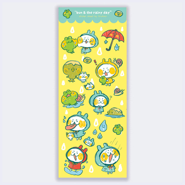 Sticker sheet with 18 stickers of a cartoon bunny with yellow cheeks and an emotive, happy expression. He wears a rain coat and plays in the rain with other characters, such as a kappa and a frog.